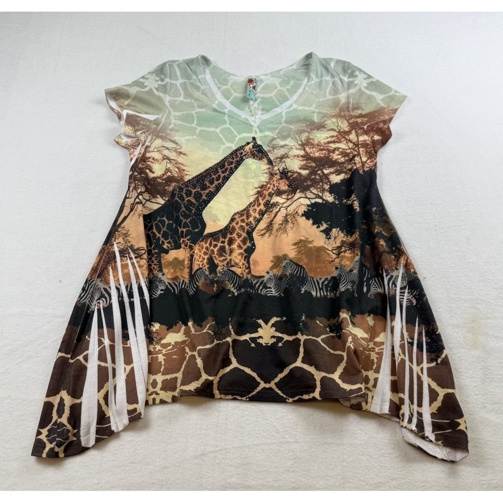 Big Bang Vintage Giraffe Wildlife Graphic Print Tunic Top Size L Embellished